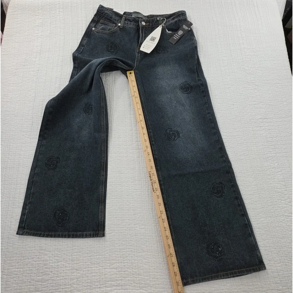 Cali 1850 Jeans Womens 9/29 Medium Wash Rhinestones NEW Wide Leg Relaxed NWT‎